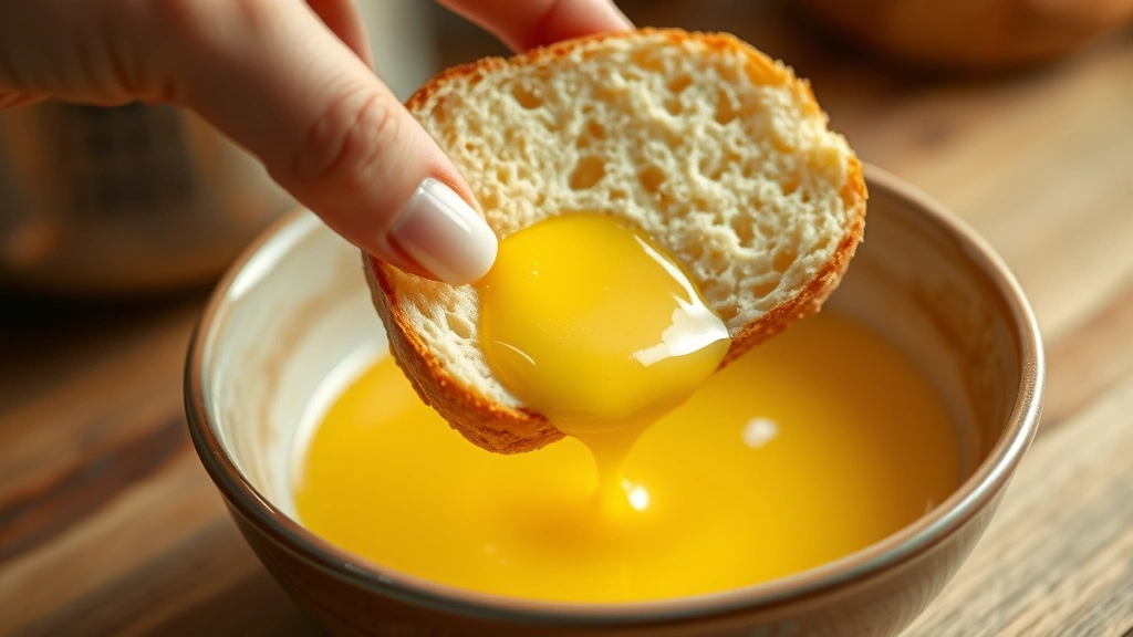 process: hand dipping thick brioche bread slice into egg custard mixture in shallow bowl, golden liquid coating bread, soft warm kitchen lighting, close action shot showing the coating technique