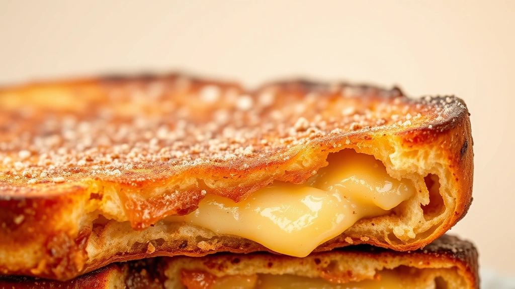 detail: close-up cross-section of cooked French toast showing crispy caramelized exterior and custardy interior, dusted with cinnamon sugar, isolated on neutral background, dramatic side lighting highlighting texture