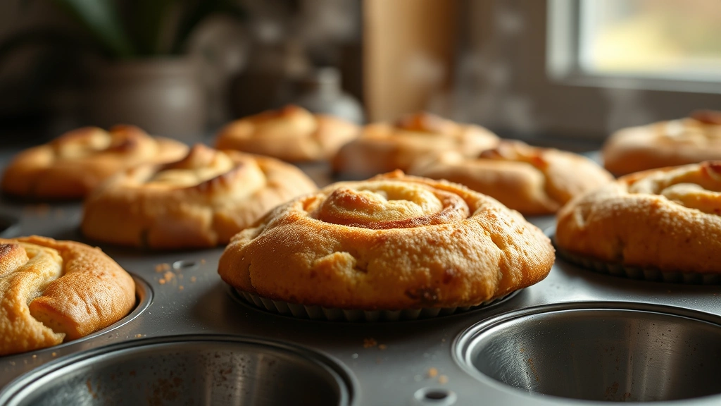 hero: golden brown cinnamon muffins in a muffin tin, fresh from oven, steam rising, close-up showing cinnamon swirl detail, photorealistic, natural window light, no text