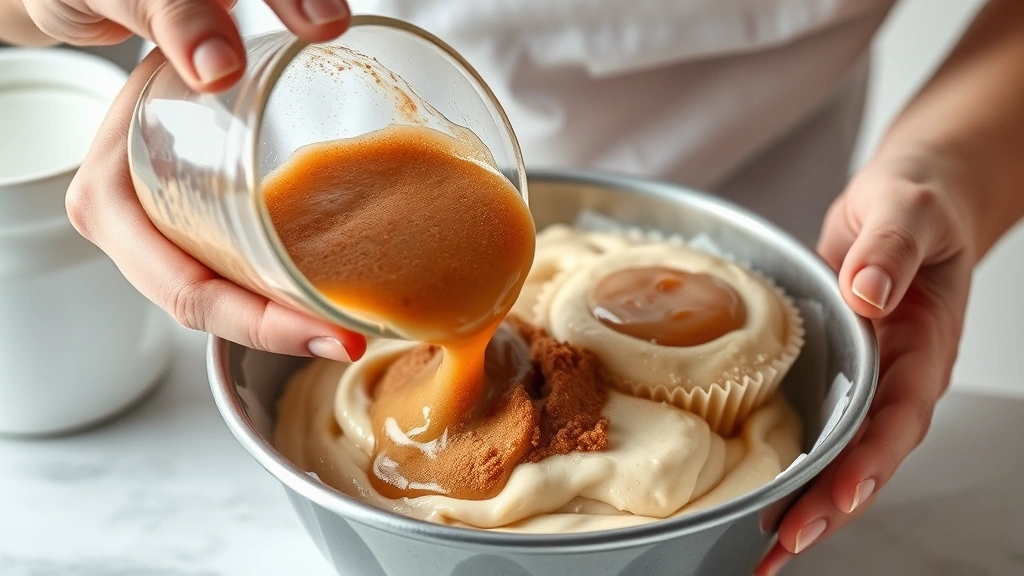 process: pouring cinnamon-sugar filling into muffin batter, showing the layering technique, baker's hands visible, photorealistic, natural kitchen light, no text