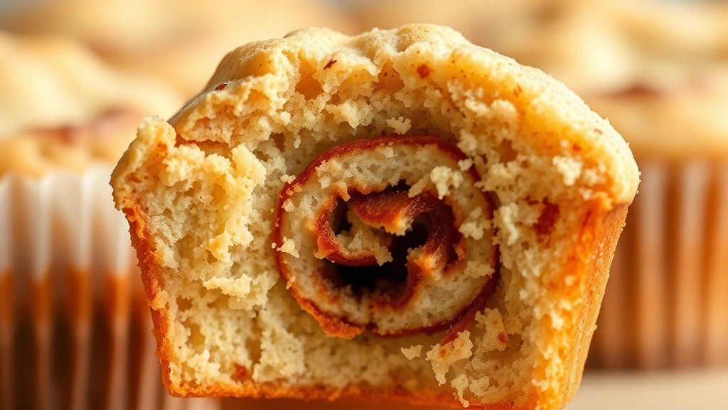 detail: close-up cross-section of single cinnamon muffin showing interior texture and cinnamon swirl ribbons, crumb detail visible, photorealistic, macro photography, natural light, no text