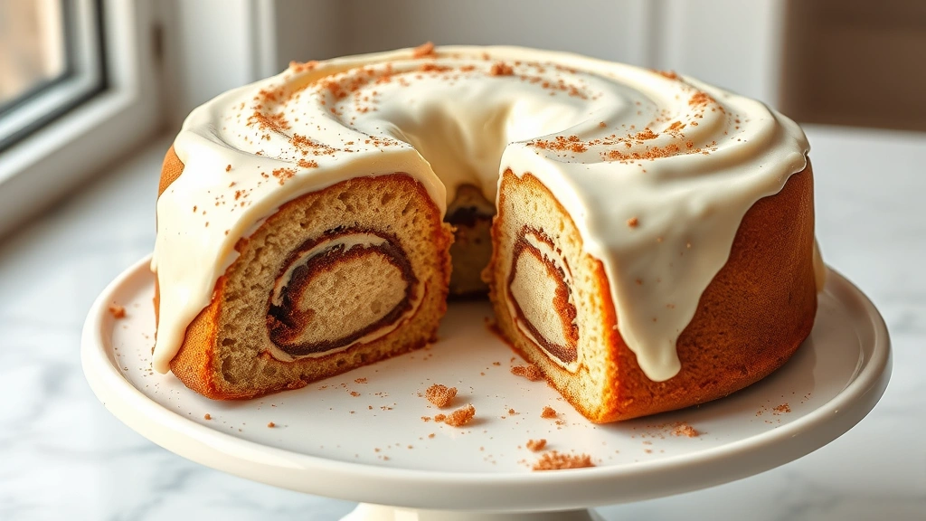 hero: finished cinnamon roll cake with cream cheese frosting on a white cake stand, slice removed showing cinnamon swirls, garnished with cinnamon sugar, photorealistic, natural window light, no text