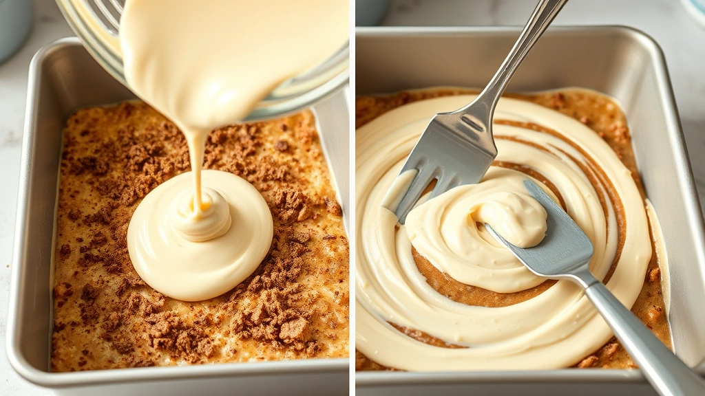 process: pouring light vanilla batter over cinnamon filling in baking pan, showing swirl technique with knife, photorealistic, bright kitchen lighting, no text