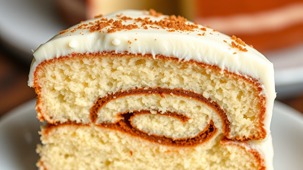 detail: close-up cross-section of single slice showing distinct cinnamon ribbons throughout cake layers and creamy frosting, photorealistic, macro photography, natural light, no text