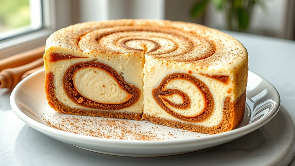 hero: Beautiful sliced cinnamon roll cheesecake with visible swirls, creamy texture, topped with cinnamon powder, on a white plate with fresh background, photorealistic, natural window light, no text