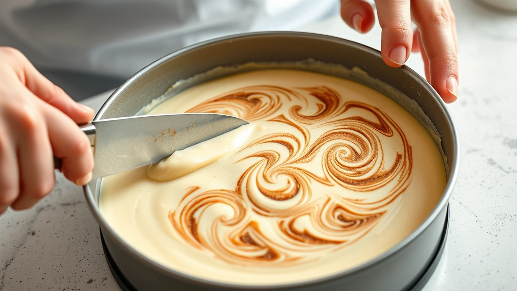 process: Hands using a knife to create cinnamon swirls through raw cheesecake batter in springform pan, showing the zigzag technique, photorealistic, bright kitchen lighting, no text