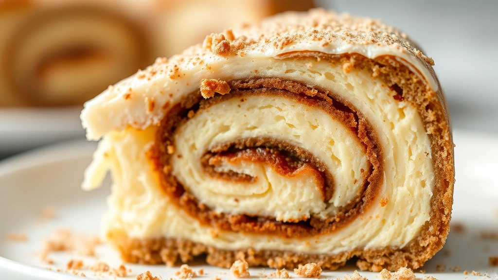 detail: Close-up macro shot of cinnamon roll cheesecake slice showing the creamy interior and cinnamon swirl layers, photorealistic, natural light, no text