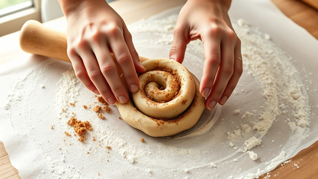 process: Hands rolling cinnamon-sugar filled cookie dough into a tight spiral log on parchment paper, close-up action shot with flour-dusted surface, natural daylight from kitchen window
