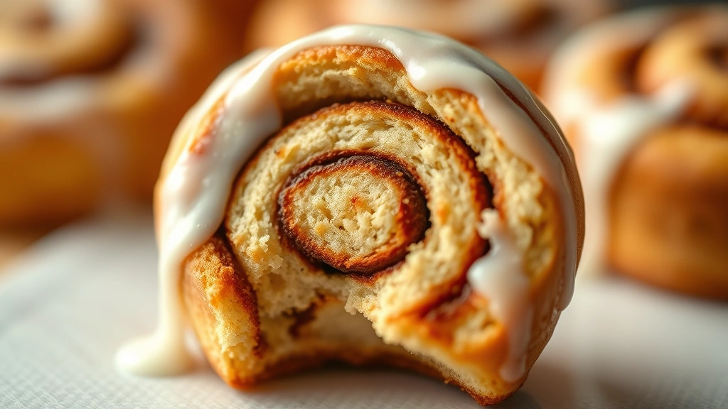 detail: Single cinnamon roll cookie cut in half showing perfect spiral layers and cinnamon swirl, cream glaze dripping down the side, macro photography with shallow depth of field, warm golden lighting