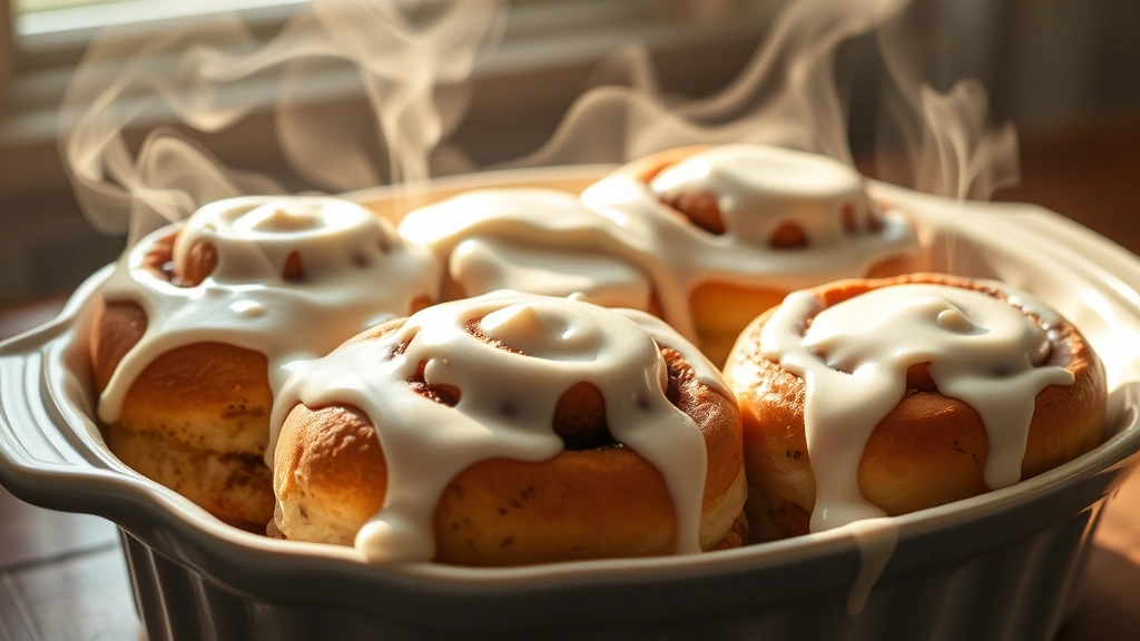 hero: golden-brown cinnamon rolls with cream cheese frosting dripping down the sides, arranged in a ceramic baking dish, steam rising, morning sunlight streaming across, photorealistic, natural light, no text
