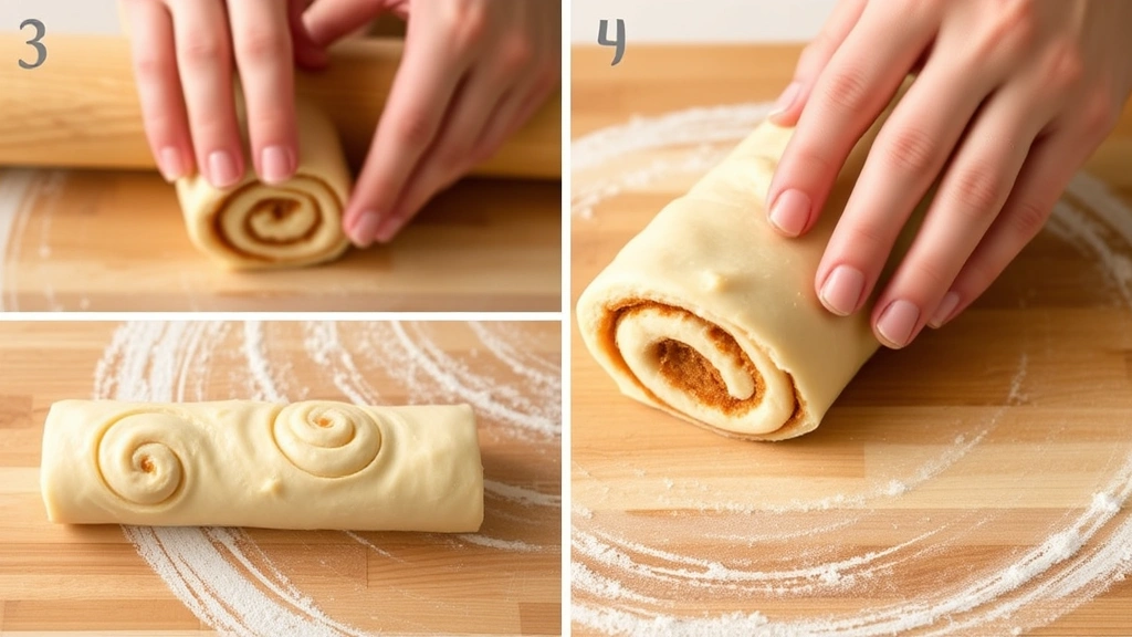 process: hands rolling cinnamon sugar dough into a tight spiral log, showing the spiral pattern clearly, cinnamon-sugar filling visible, photorealistic, natural light, no text