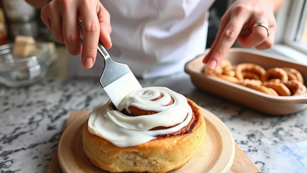 process: hands spreading white frosting on warm cinnamon roll with offset spatula, kitchen counter with ingredients visible, natural sunlight, baking process in progress
