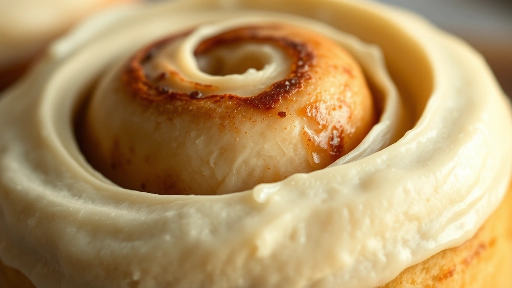 detail: extreme close-up of frosting texture on cinnamon roll, showing creamy, fluffy frosting swirls, shallow depth of field, warm lighting highlighting frosting details
