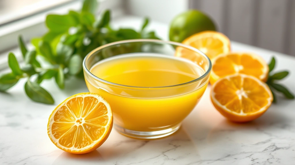hero: golden citrus vinaigrette in a clear glass bowl with fresh lemon, lime, and orange halves beside it, professional food photography, natural window light, shallow depth of field, elegant styling on white marble surface