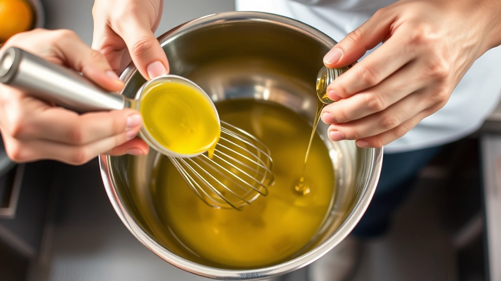 process: hands whisking citrus vinaigrette in a stainless steel bowl, golden olive oil being drizzled in slowly, action shot showing emulsification, natural daylight from above, professional kitchen setting