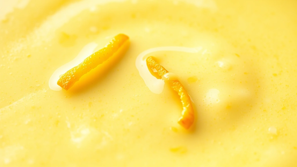 detail: close-up of creamy emulsified citrus vinaigrette texture, fresh citrus zest floating on surface, soft natural light highlighting golden color, macro photography showing rich consistency and smoothness