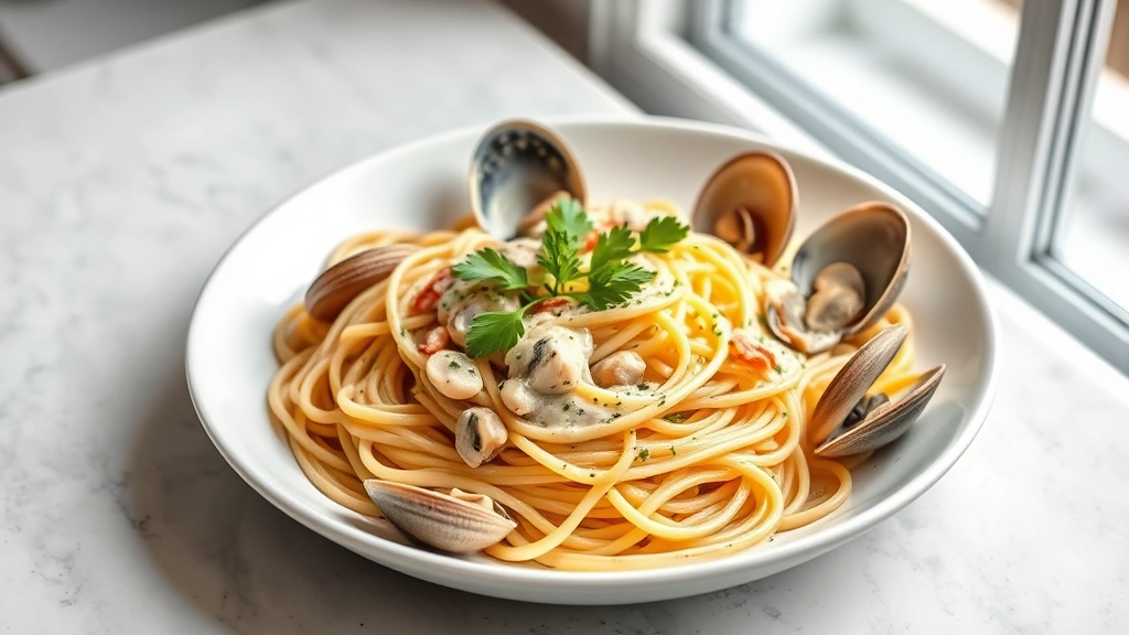 hero: overhead shot of creamy clam pasta linguine on white plate, fresh parsley garnish, steam rising, golden pasta, clams in shells, natural window light, no text