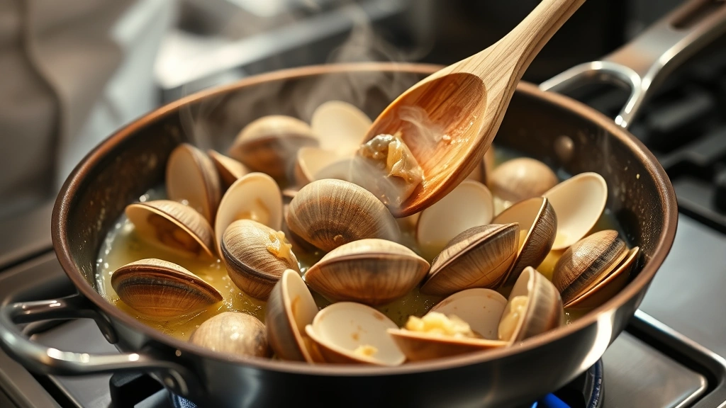 process: skillet with opened clams in white wine sauce with garlic, flames visible, chef tossing with wooden spoon, bright kitchen lighting, no text