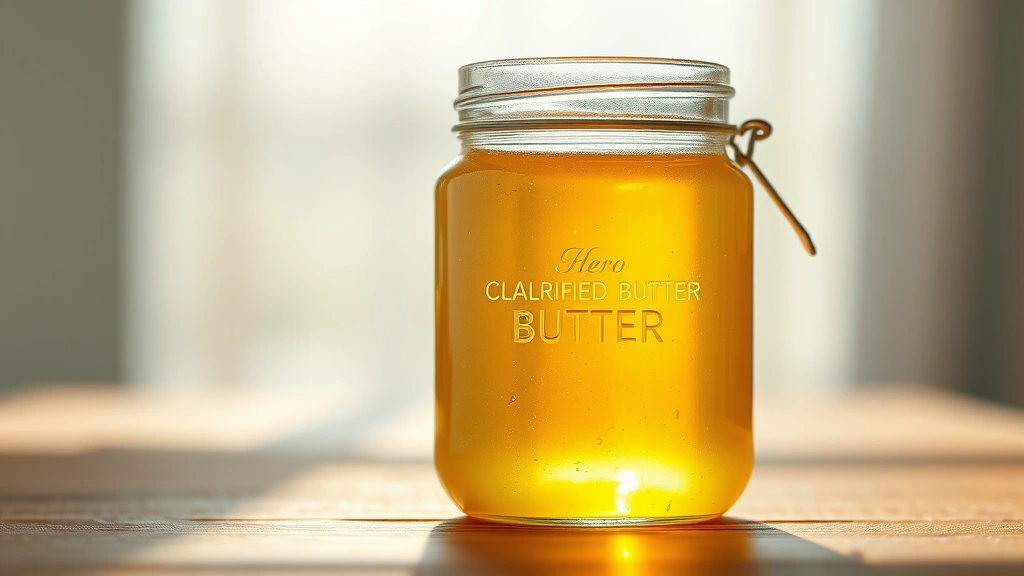 hero: golden clarified butter in glass jar with clear liquid, photorealistic, natural sunlight streaming through, no text