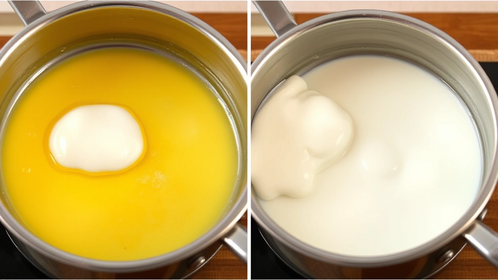 process: melted butter separating into layers in saucepan, foam on top and milk solids settling, photorealistic, warm kitchen lighting, no text