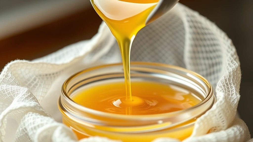 detail: close-up of golden clarified butter being poured through cheesecloth into jar, photorealistic, natural light, no text