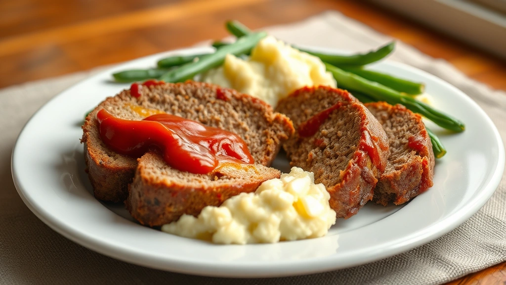 hero: sliced classic meatloaf with ketchup glaze on white plate with creamed potatoes and green beans, photorealistic, warm natural window light, no text, professional food photography