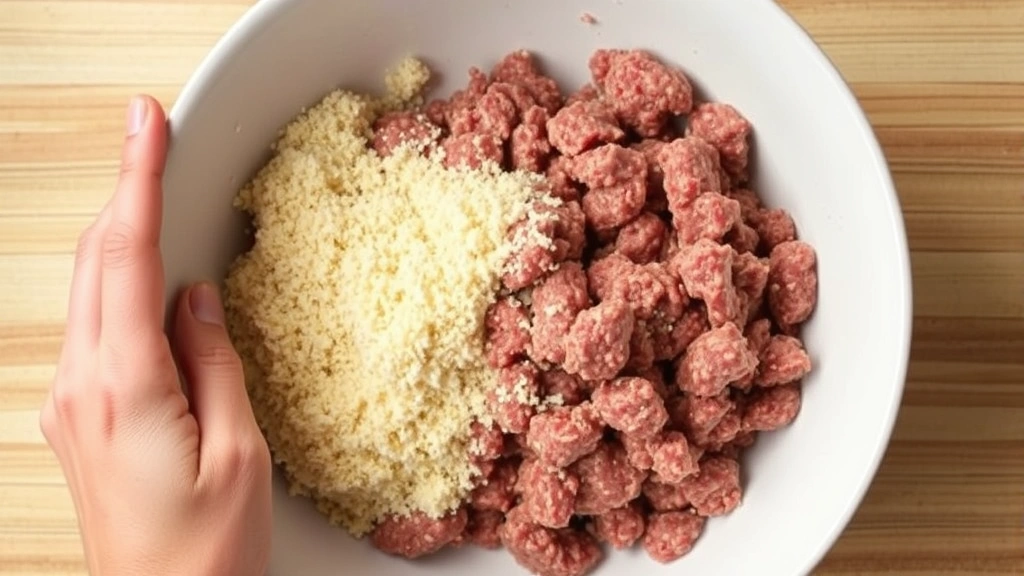 process: hands mixing ground beef with breadcrumb mixture in white bowl, photorealistic, natural kitchen light, top-down angle, no text