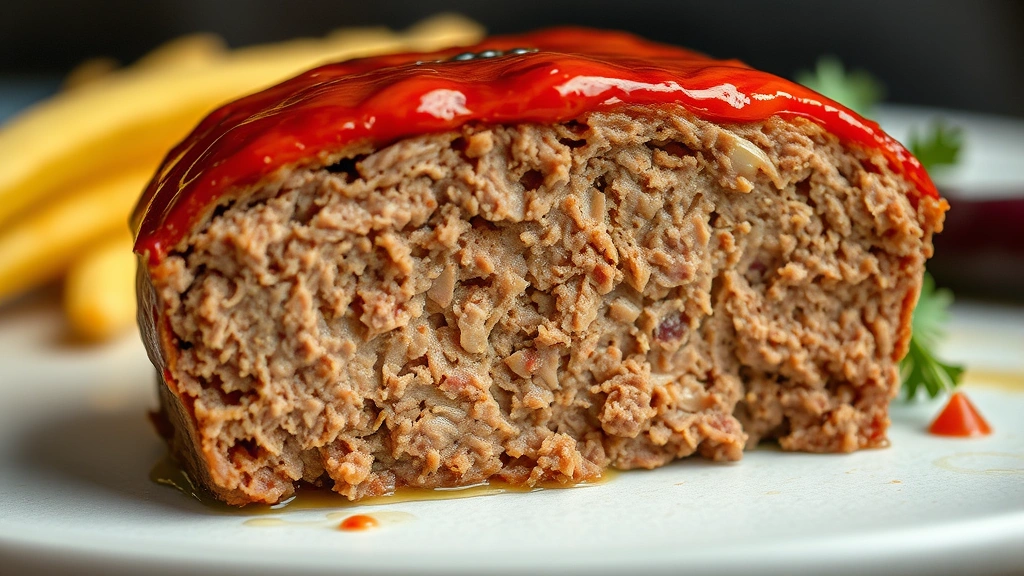 detail: close-up cross-section of meatloaf slice showing tender texture and glaze, photorealistic, natural light, shallow depth of field, no text