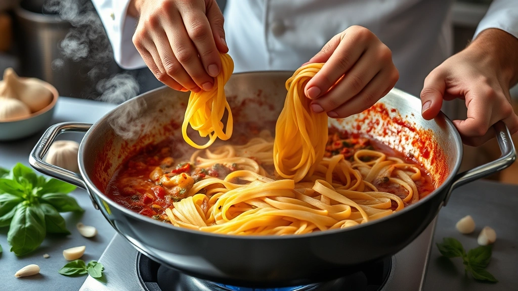 process: chef's hands tossing hot pasta with sauce in a large skillet, steam rising, garlic slices visible, fresh basil leaves scattered, natural kitchen lighting, action shot, documentary style food photography