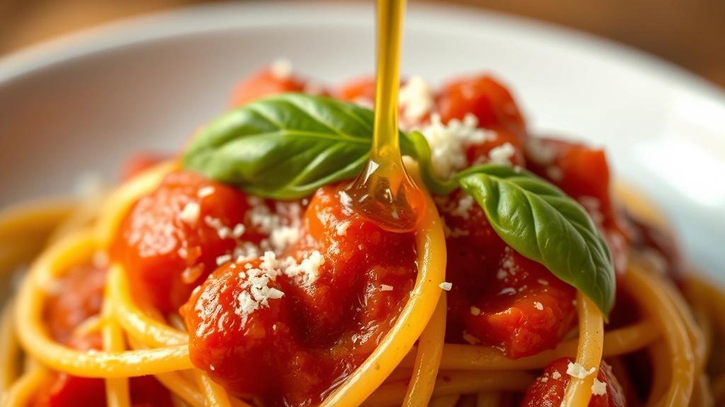 detail: close-up macro of single strand of spaghetti coated with tomato sauce, fresh basil leaf, grated cheese, droplet of olive oil, shallow depth of field, warm golden hour lighting, professional food styling
