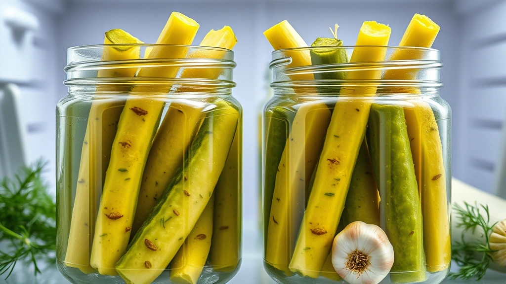 hero: glass jars filled with crispy dill pickle spears, fresh dill and garlic visible, bright refrigerator lighting, condensation on glass, photorealistic, natural light, no text