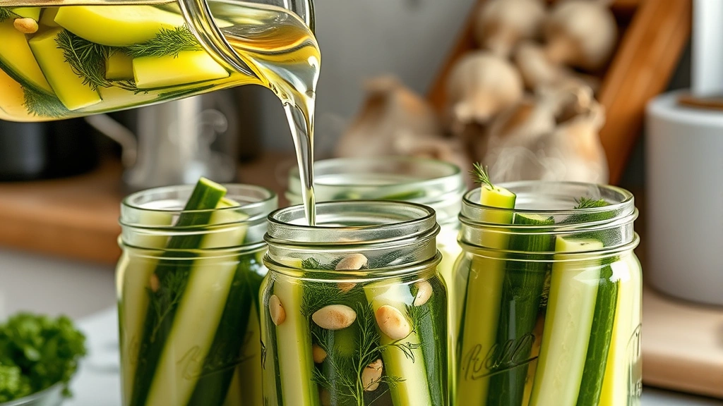 process: pouring clear brine over cucumber spears in glass jars with garlic and dill, steam rising slightly, kitchen counter setting, photorealistic, natural light, no text