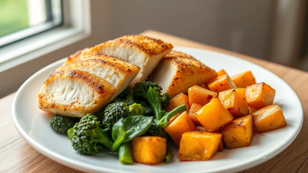 hero: golden-seared chicken breast sliced on a white plate with roasted sweet potato cubes and steamed broccoli with fresh spinach, lemon zest garnish, soft natural window light, clean minimalist plating, no text