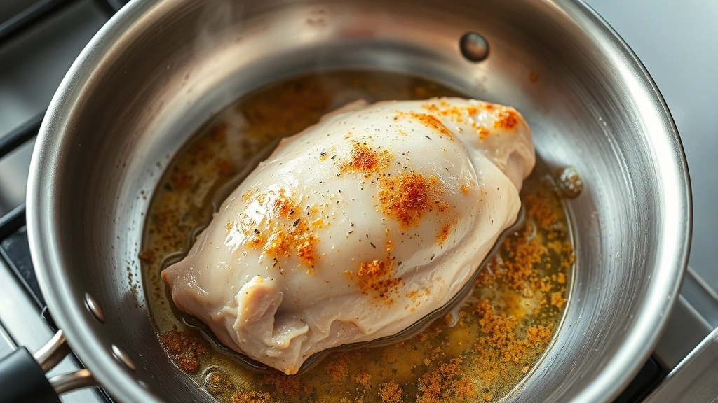 process: chicken breast cooking in stainless steel skillet with golden crust forming, steam rising, professional kitchen lighting, overhead angle, no text