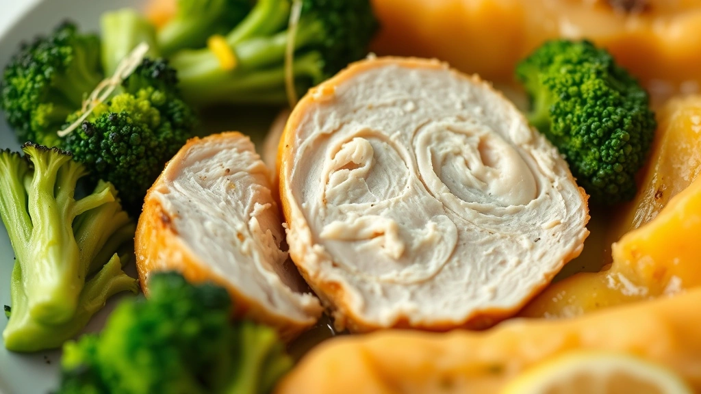 detail: close-up of sliced chicken showing juicy interior, broccoli florets with lemon zest, creamy sweet potato, shallow depth of field, natural daylight, no text