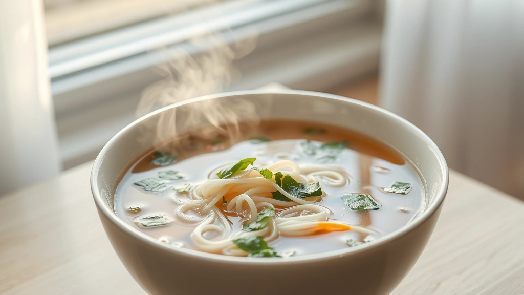 hero: beautiful clear soup in white bowl, delicate noodles and fresh herbs floating on surface, steam rising, soft natural window light, elegant presentation, minimalist styling