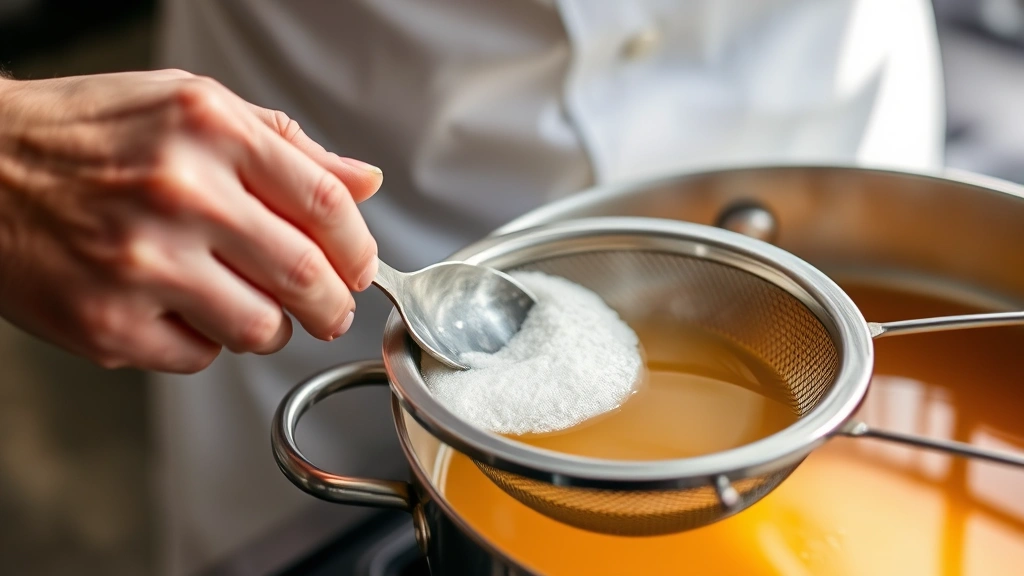process: chef's hands carefully skimming foam from simmering broth in large pot, fine-mesh strainer, golden broth, natural kitchen lighting, close action shot
