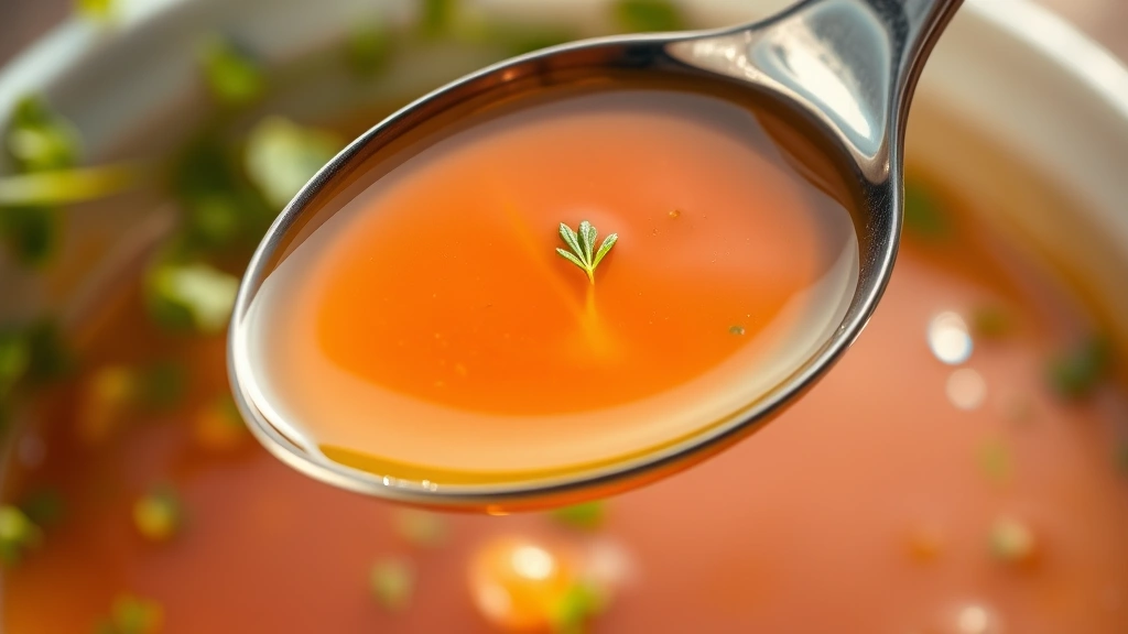 detail: close-up of crystal-clear broth in spoon showing transparency and clarity, fresh herbs garnish visible in background, shallow depth of field, warm natural light