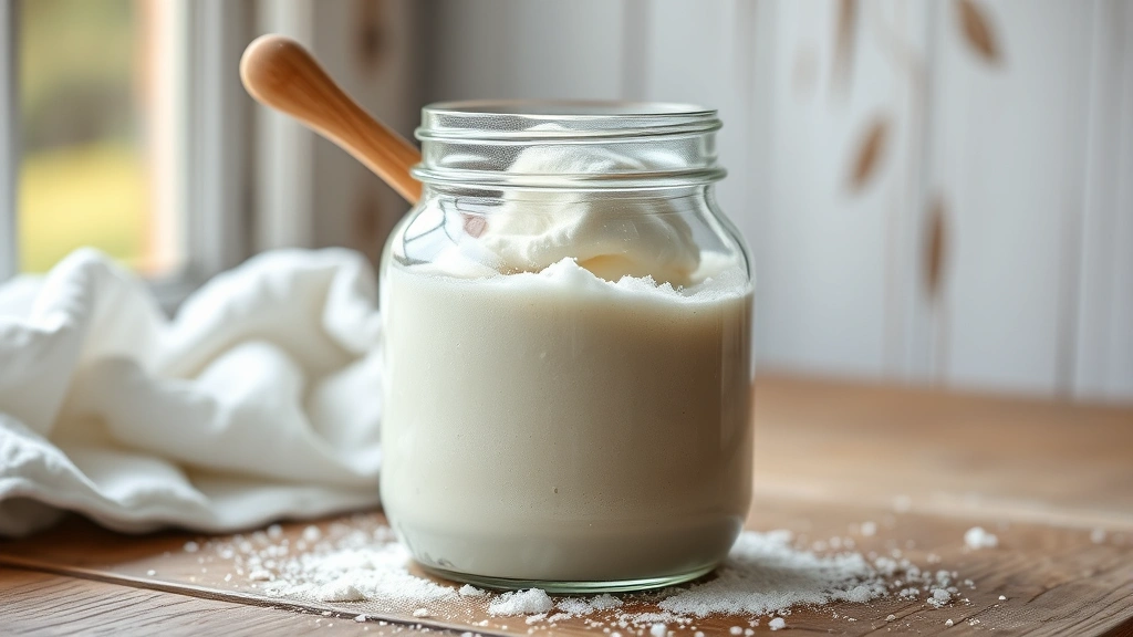 hero: finished homemade laundry soap in glass jar with wooden spoon, powdery texture visible, soft natural window light, rustic wooden table background, no text