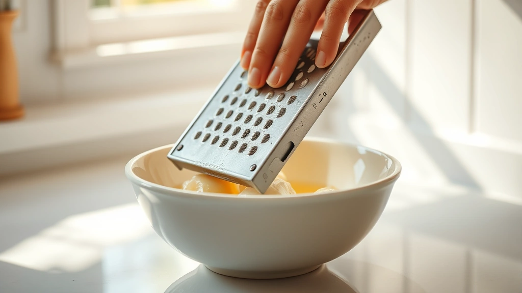 process: grating bar of soap over white bowl, hands in motion, close-up detail, warm natural sunlight streaming in, clean kitchen counter, no text