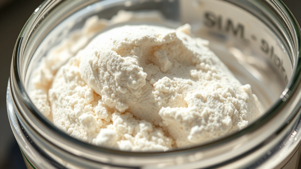 detail: close-up of mixed soap powder showing texture and consistency, natural afternoon light, in glass storage jar with label, artistic composition, no text