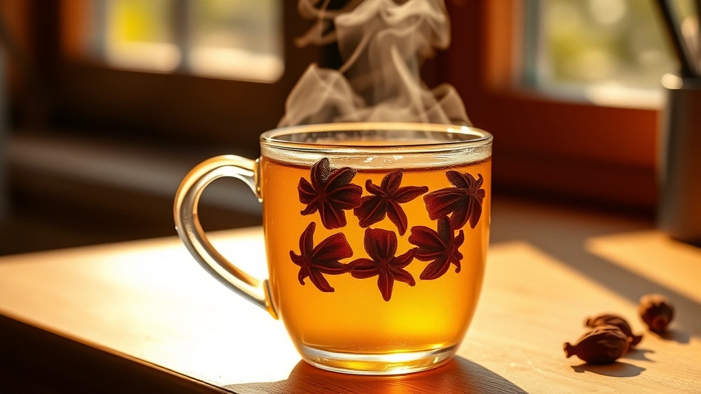 hero: steaming mug of golden clove water with whole cloves floating, warm sunlit kitchen window background, steam rising, photorealistic, natural morning light, no text