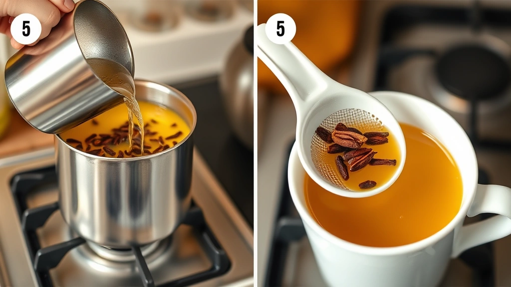 process: saucepan with boiling water and cloves on stovetop, pouring golden clove water into white ceramic mug through strainer, photorealistic, warm kitchen lighting, no text