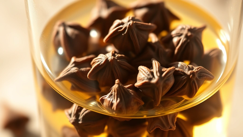 detail: close-up of whole cloves in clear glass cup with golden clove-infused water, sunlight streaming through, macro photography, photorealistic, natural backlighting, no text