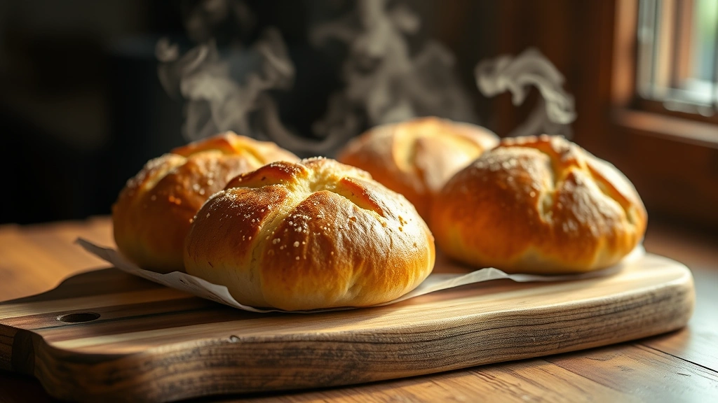 hero: golden-brown coco bread rolls on a wooden board, warm steam rising, fresh and inviting, Caribbean bakery style, natural window light, shallow depth of field