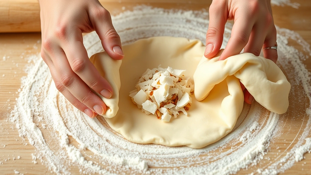 process: hands shaping dough around coconut filling, close-up of folding and sealing technique, flour dusted work surface, natural daylight, detailed and instructional