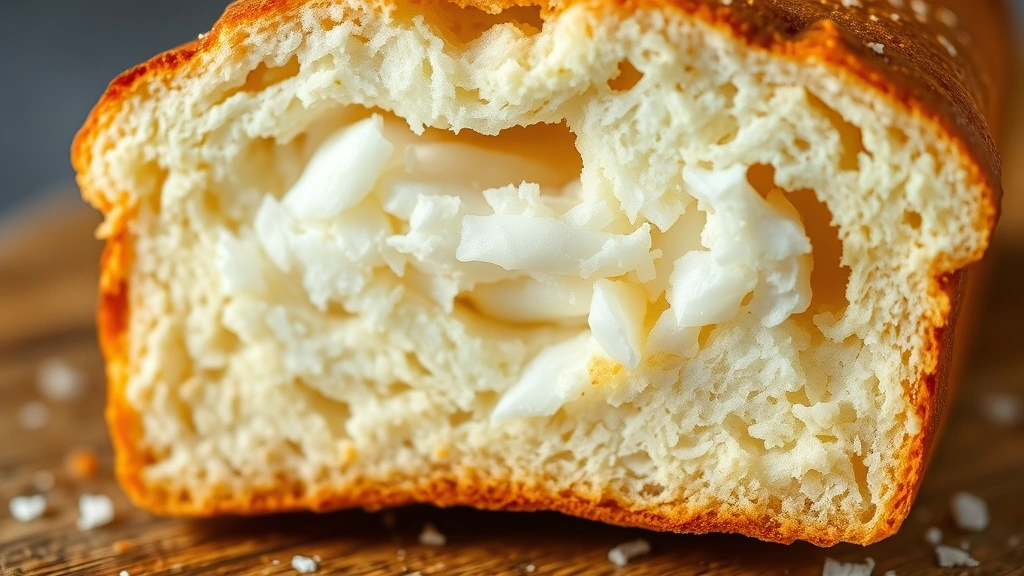 detail: cross-section of baked coco bread showing soft interior and coconut filling, golden exterior crust, warm tones, macro photography style, natural lighting