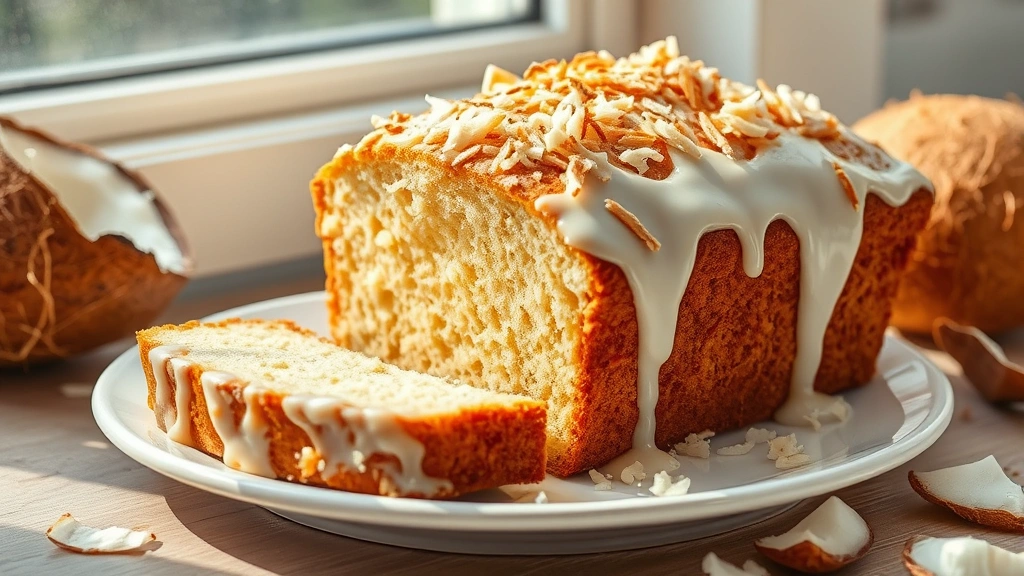 hero: golden brown coconut bread loaf with white coconut glaze dripping down sides, toasted shredded coconut garnish on top, sliced to show tender crumb interior, sitting on white ceramic plate with fresh coconut pieces nearby, natural window light, soft shadows, inviting and appetizing