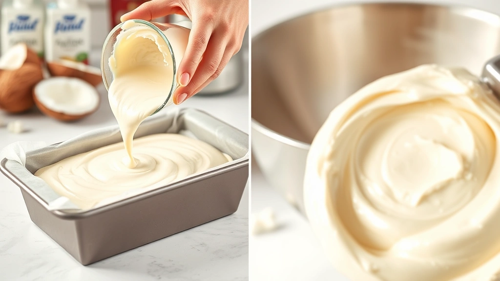 process: hands pouring creamy coconut batter into buttered loaf pan lined with parchment, close-up of batter texture, stainless steel mixing bowl with whisk in background, coconut milk and sour cream ingredients visible, bright kitchen lighting, warm tones