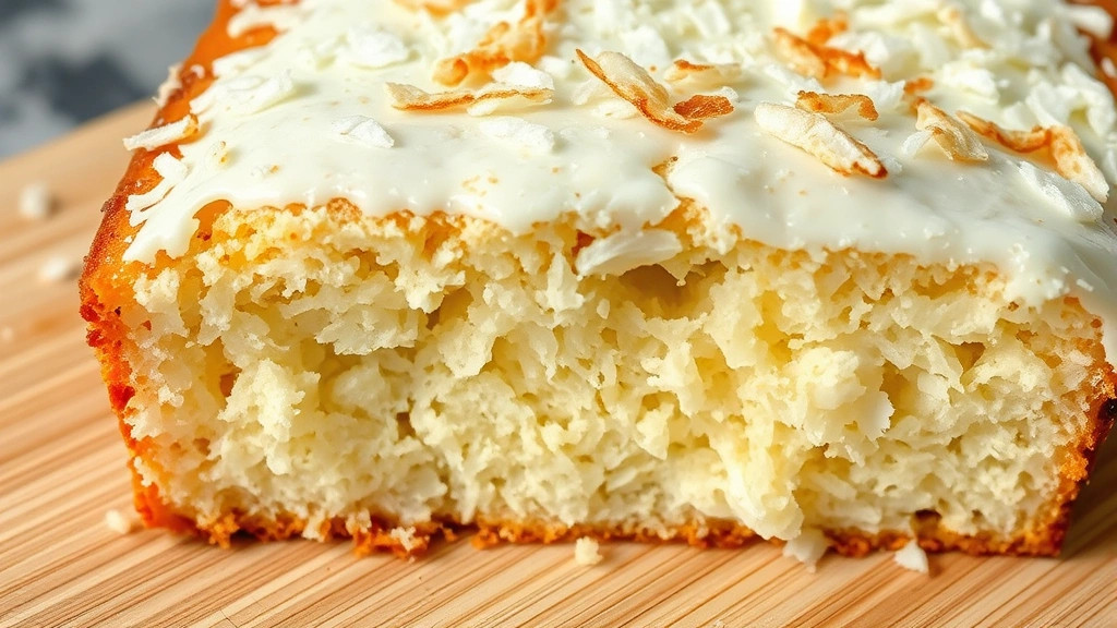 detail: close-up cross-section of coconut bread slice showing moist tender crumb with coconut shreds visible, white glaze and toasted coconut garnish on top, sitting on light wooden cutting board, natural side lighting showing texture, slightly toasted edges visible